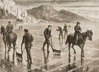 Colheita de Gelo no Rio Hudson, Estado de Nova York, c.1870, de &39;American Pictures&39;, publicado pela The Religious Tract Society, 1876