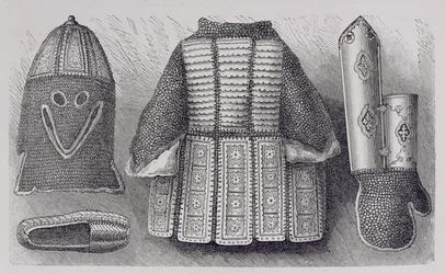Panóplia indiana composta por capacete, túnica, manoplas e sapatos de Bhuj, de The History of Mankind, Vol.III, do Prof. Friedrich Ratzel, 1898
