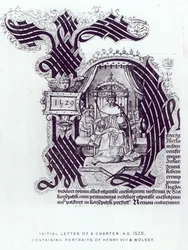 Carta inicial de uma carta contendo retratos de Henrique VIII e Wolsey, 1529