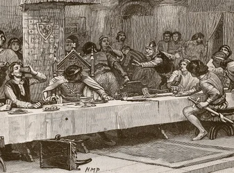 Interrompendo o jantar de Natal de Balliols, ilustração da história ilustrada de Cassells da Inglaterra (foto sépia)