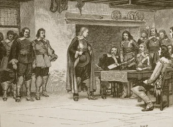 Entrevista entre Charles e o Conde de Denbigh, ilustração de Cassells Illustrated History of England (foto em sépia)