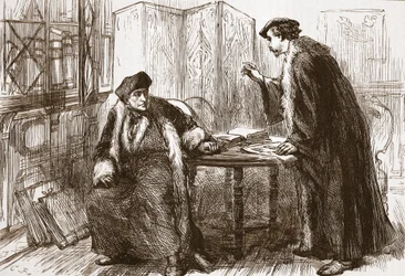Entrevista entre Erasmo e Calvino, ilustração de A História do Protestantismo, de James Aitken Wylie (1808-1890), pub. 1878