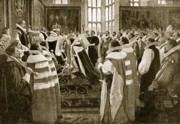 James I investe seu filho Charles como príncipe de Gales, 1616, ilustração de Hutchinsons História da nação britânica, c.1923