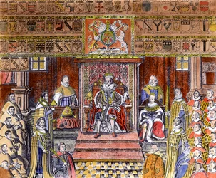 James I da Inglaterra (1566-1625) na Corte, (gravura) (posterior coloração)