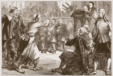 Janet Geddes arremessando seu banquinho ao Dean de Edimburgo, ilustração da História do Protestantismo por James Aitken Wylie (1808-1890), pub. 1878