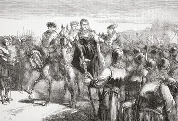 Jeanne DAlbret, Rainha de Navarra, dirigindo-se aos soldados huguenotes, ilustração da História do Protestantismo por James Aitken Wylie (1808-1890), pub. 1878