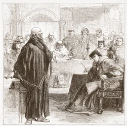 Jerome falando em seu julgamento, ilustração de A História do Protestantismo por James Aitken Wylie (1808-1890), pub. 1878