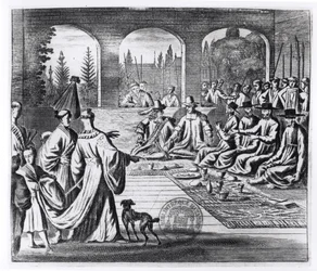 Jesuitas com mercadores holandeses e portugueses na corte do imperador japonês, ilustração de A Memorable Embassy to the Emperor of Japan de Arnold Montanus, publicada em Londres 1670