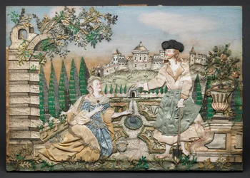 Jesus aparece a Maria Madalena (seda, papel, fio, lantejoulas, enfeites metálicos, tinta e aguarela sobre madeira)
