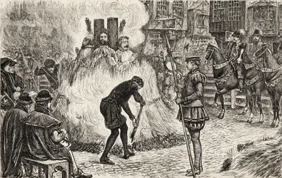 John Bland, John Frankesh, Nicholas Sheterden e Humphrey Middleton queimaram vivos por heresia no século XVI, c.1865 (gravura em madeira)