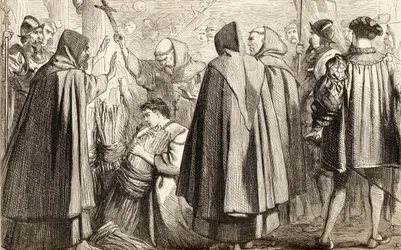 John Frith prestes a ser queimado na fogueira por heresia em 1533, c.1865 (gravura em madeira)