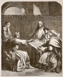 John recusando-se a assinar os artigos dos Barões, ilustração de Cassells Illustrated History of England (foto em sépia)