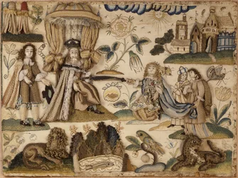 Rei Assuero e Rainha Ester, c.1660 (seda, fios metálicos e vidro)
