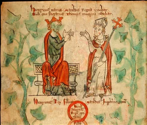 Rei Henrique II sentado no trono, discutindo com Thomas Becket, ilustração da 