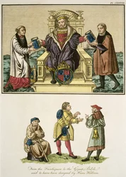 O rei Henrique VIII (1491-1547), do frontispício da Grande Bíblia, que teria sido desenhado por Hans Holbein (14978-1543), ilustração da Visão Completa do Vestido e dos Hábitos do Povo.