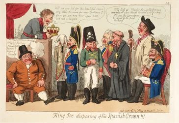 O Rei Joe a livrar-se da sua Coroa Espanhola!!! Pub. 1808 (gravura colorida à mão)