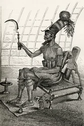 Rei Munza em plena vestimenta, de "Os habitantes do mundo" por GT Bettany, publicado em 1888 (gravura)