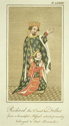 Rei Ricardo II (1367-1400) com o seu pai Eduardo (1330-76), o Príncipe Negro, ilustração de The Complete View of the Dress and Habits of the People of England, volume II, publicado em 1799
