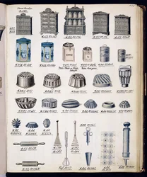 Armazenamento de cozinha e utensílios de um catálogo de produtos domésticos e acessórios, c.1890-1910