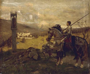 Cavaleiros diante de um santuário à beira da estrada