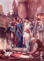 Lancelot olha para a falecida Lady of Shalott à sua chegada a Camelot. Ilustração a cores do livro The Gateway to Tennyson, publicado em 1910.