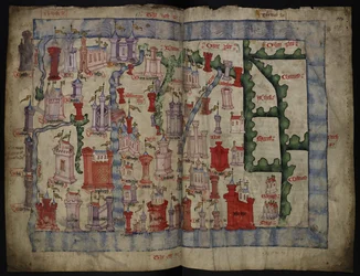Lansdowne 204 ff.225v & 226 Mapa da Escócia por John Harding, c.1450 (tinta e têmpera em pergaminho)
