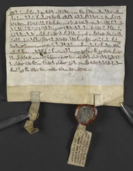 Escritura em latim com renúncia em hebraico (anexada ao selo), por Jacob ben Aaron libertando um pedaço de terra para William le Briel. Inglaterra