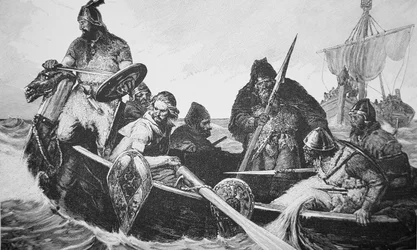 Leif Ericson descobre a costa de Vinland a Boa, provavelmente Terra Nova (gravura)