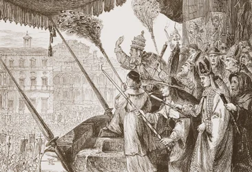 Leão X que pronuncia a bula dos senhores Steel, ilustração da história do protestantismo por James Aitken Wylie (1808-1890), bar. 1878