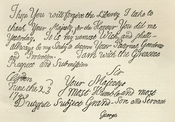 Carta de Jorge III ao seu avô, o rei, em 23 de junho de 1749, publicada em &39;Leisure Hour&39;, 1891 (litho)