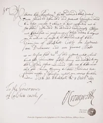 Carta ao governador do Castelo de Calshott de Oliver Cromwell, 1651, fac-símile do original em posse de Sir James Fellowes, Adbury House