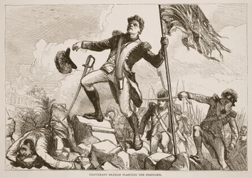 Tenente Graham que planta o padrão, ilustração da história ilustrada de Cassells da Índia por James Grant, bar. 1879