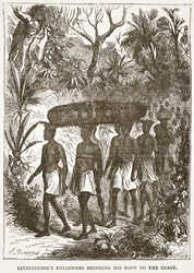 Seguidores de Livingstones que trazem seu corpo à costa, ilustração da edição pictórica da vida e das descobertas de David Livingstone por J. Ewing Richie, bar. por A. Fullarton & Co., 1876 (li