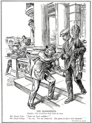 Lloyd George e Bonar Law no Coalition Golf Club, temerosos da liga Anti-Lixo, precisam renunciar ao luxo dos caddies. Dezembro de 1920