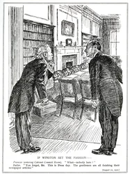 Lloyd George entra em uma sala de gabinete vazia de ministros que estão ocupados escrevendo artigos para os jornais, agosto de 1920