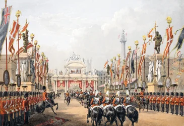 Ponte de Londres, mantida pelo Honorável Artillery Company de Londres, de Um Memorial do Casamento de Eduardo VII e Alexandra da Dinamarca, pub. 1864