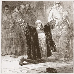Lord Cobham perante os Bispos, ilustração de The History of Protestantism por James Aitken Wylie (1808-1890), pub. 1878