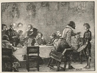 Lorde Monteagle e a carta de advertência sobre o Pólo da Pólvora, ilustração da História Ilustrada de Cassells da Inglaterra (foto em sépia)