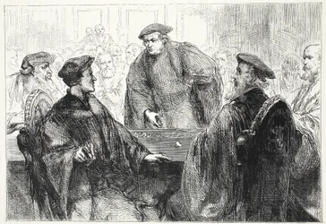 Luther e Zwingle discutindo em Marburg, ilustração da História do Protestantismo por James Aitken Wylie (1808-1890), pub. 1878