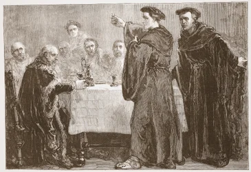Lutero desafiando Carlstadt a escrever contra ele, ilustração de A História do Protestantismo, de James Aitken Wylie (1808-1890), pub. 1878