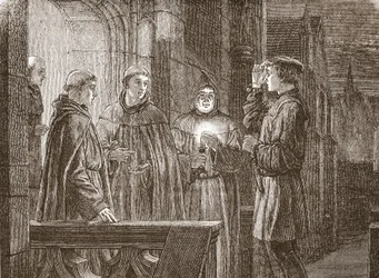 Lutero entrando no convento agostiniano, ilustração da História do Protestantismo por James Aitken Wylie (1808-1890), pub. 1878
