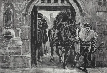 Luther que escapa de Augsburg, ilustração da história do protestantismo por James Aitken Wylie (1808-1890), bar. 1878