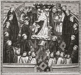 Lydgate apresentando seu livro ao rei Henry V, de "Uma Breve História do Povo Inglês" por JR Green, publicado em 1893