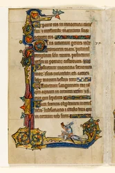 MS 1-2005, fol. 115v: Um coelho montando um cão de caça, caça, decoração marginal do Saltério de Macclesfield, Uso de Sarum, East Anglia, c.1330