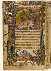 MS 1-2005, fol. 235v: Death Striking, "p" inicial historiado do Saltério de Macclesfield, Uso de Sarum, Anglia Oriental, c.1330 (velino)