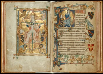 MS 242 f. 28v-29r O Trono da Misericórdia com patronos, Cristo abençoando com um patrono, c.1314-30 (folha de ouro e têmpera sobre pergaminho)
