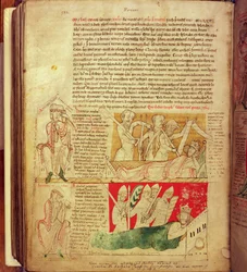 MS CCC 157 p.382 As visões sonhadas pelo Rei Henrique I na Normandia em 1130, da Crônica de Worcester, c.1130-40 (velino)
