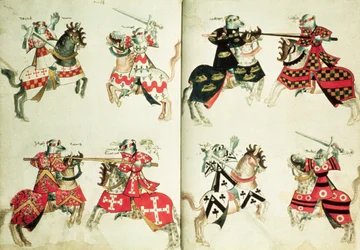 MS Harley 4205 fol.31v-32 Cavaleiros de Jousting mostrando emblemas heráldicos (vellum)