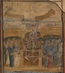 MS Harley 7353 Edward IV (1442-83) na Roda da Fortuna, flanqueado pelos Duques de Clarence e Gloucester e representantes da Igreja e do Exército, de "Vida de Edward IV".