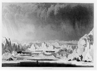 Man-manuseio dos barcos através de hummocks de gelo, ilustração de narrativa de uma tentativa de chegar ao pólo norte por William Parry, gravado por Edward Finden (1791-1857) publicado em 1828 (bw ph
